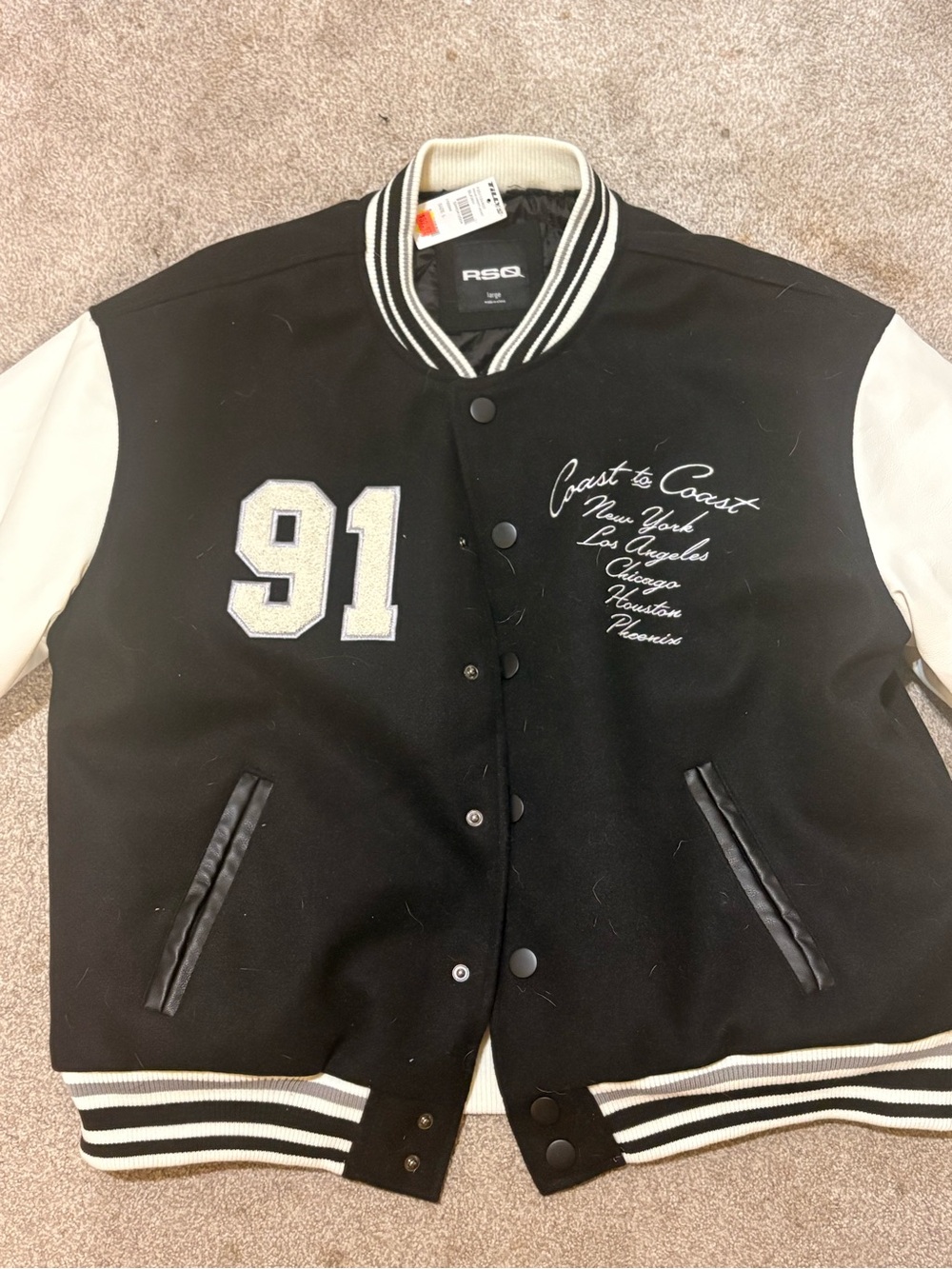 RSQ Black and White Varsity Bomber Jacket with '91 Patch